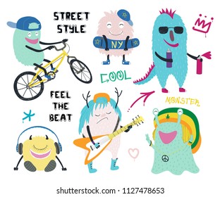 Set of cute funny different modern city monsters in street style clothes, with text, graffiti tags. Isolated objects on white background. Hand drawn vector illustration. Design concept children print.