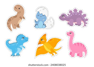 Set of cute funny dinosaurs. Baby print, animal icons, stickers, vector