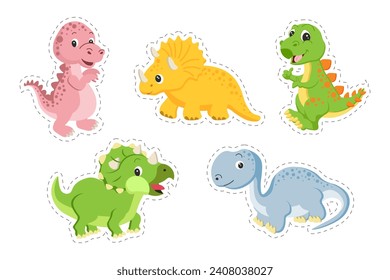 Set of cute funny dinosaurs. Baby print, animal icons, stickers, vector