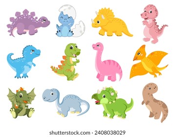 Juego de lindos y divertidos dinosaurios. Impresión de bebés, iconos de animales, pegatinas, vector