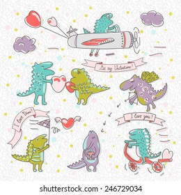 Set of cute funny dinosaurs with hearts. The text on the ribbon "I love Dino!", "I love you!", "By my Valentine!". In the background pattern of palm trees.