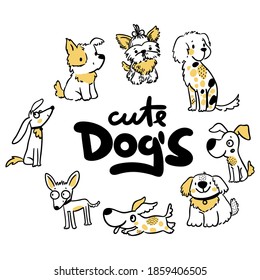 Set of cute funny dog's doodle icon