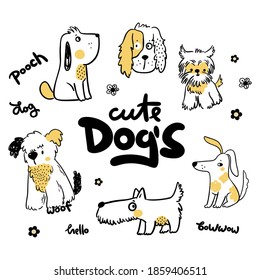 Set of cute funny dog's doodle icon