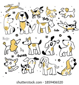 Set of cute funny dog's doodle icon