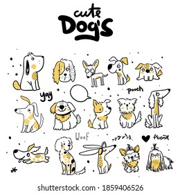 Set of cute funny dog's doodle icon