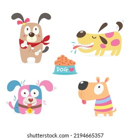 Set of cute funny dogs with a food bowl vector illustration cartoon isolated on white background. Cute funny dogs with a food bowl vector cartoon.