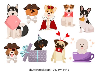 Set of cute funny dogs on a white background. Cartoon style.