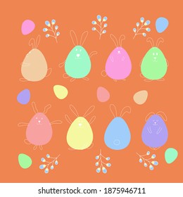 
Set of cute funny Easter bunnies in the shape of eggs, Colored eggs - hares, Religious holiday Easter, Symbol of Easter, Vector image in doodle style.