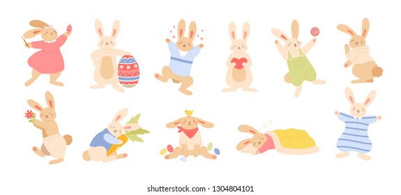 Set of cute funny Easter rabbits or bunnies isolated on white background. Bundle of adorable happy animals holding egg, carrot, lollipop, sleeping. Childish vector illustration for spring holiday.