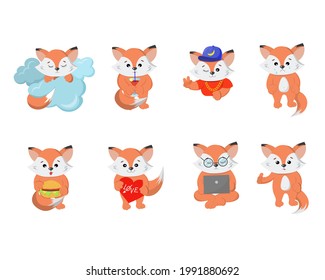 Set of cute funny emotional fox. Stickers fox. 