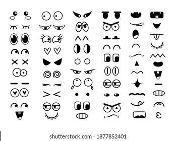 Set of cute funny eyes and mouths. Collection of cute emoticon emoji characters. Doodle faces in different style. Emotion mouthes. Vector illusstration on white background.