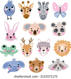 Set of cute funny face animals in vector graphics. For creating childrens posters holiday cards for decorating prints on covers pillows t-shirts.
