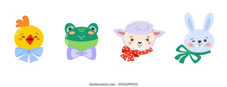 Set von niedlichen lustigen Gesichtern von Tieren und Vögeln mit Schleifen am Hals: Huhn, Frosch, Schaf, Hase. Vector Kinderillustrierung im flachen Stil für Aufkleber, Osterdekor-Design.