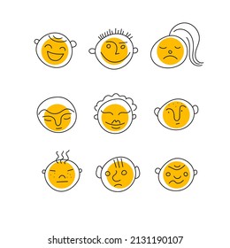Set of cute funny faces, cartoon heads. Abstract characters, comic avatar. Hipster cute female and male doodle illustration