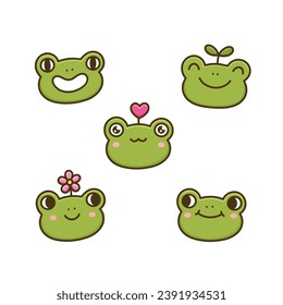 Set of cute funny faces or heads frogs with heart, flower, green sprout. Collection kawaii toad characters. Cartoon animal. Colorful vector illustration on white background