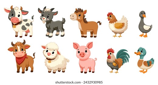 Set of cute funny farm animals isolated on white background. Collection of happy little animals. Flat vector illustration. Goat, bull, cow, duck, goose, hen, horse, pig, rooster, sheep.  