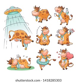 Set of cute and funny farm cow cartoon, animal character. Cow meditates and lies on meadow, dancing or drinking milk and smelling flowers, the cow is abducted by the UFO. Flat vector illustration.