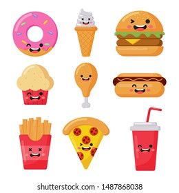 set of cute funny fast food kawaii style icons isolated on white background. illustration vector.  