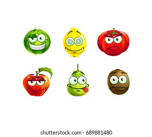 Set of cute and funny fruits characters with different facial expressions: Apple, tomato, kiwi, pear, watermelon.  Cartoon vector illustration isolated on white background.