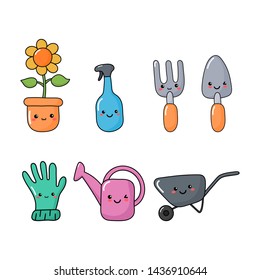 set of cute funny garden tools icons kawaii style icons isolated on white background. illustration vector.