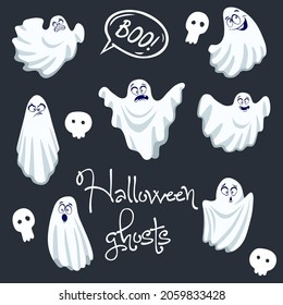 Set of cute funny ghosts character Halloween. Magic scary ghostly spooky boo with different emotions and face expressions. Isolated flat cartoon vector illustrations of comic spirits