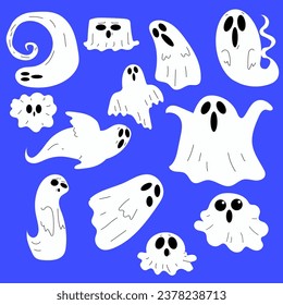 Set of cute funny ghosts. Childish spooky boo characters.Magic scary spirits with different emotions.