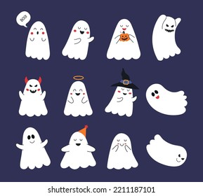 A set of cute funny ghosts with different emotions. Halloween Ghosts. Vector illustration of cartoon ghosts. All elements are isolated