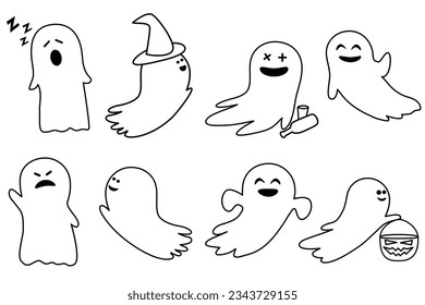Juego de lindos fantasmas graciosos, arte en línea diferentes emociones. Dibujo plano de diseño para Halloween.