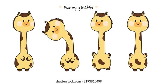 Set of cute funny giraffe cartoon hand drawn in various poses.Animals character design collection.Africa animal concept.Wildlife.Kawaii.Vector.Illustration.