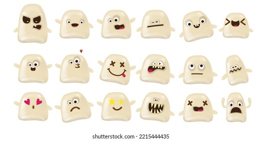 Set of cute funny grey ghosts isolated on white background. Ghost sticker collection with different faces and emotions. Vector Halloween design element and stickers set isolated