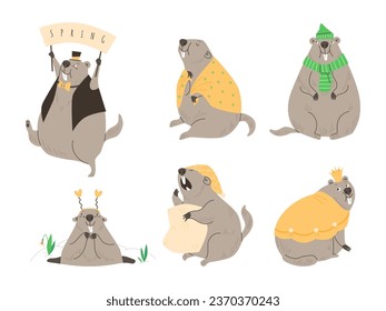 Set of cute and funny groundhogs, cartoon flat vector illustration isolated on white background. Adorable animal drawings. Groundhog day celebration and weather prediction concepts.