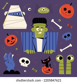 Conjunto de monstruos de Halloween lindos y divertidos. Ilustración vectorial de Frankenstein, momia, araña, gato negro, calabaza, calavera y huesos. Juego de graciosos personajes de Halloween. Feliz Halloween. Truco o tratamiento