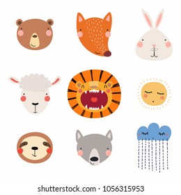 Set of cute funny hand drawn different animal faces, sun, cloud with rain. Isolated objects. Vector illustration. Scandinavian style flat design. Concept for children print.