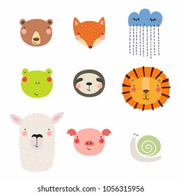 Set of cute funny hand drawn different animal faces, snail, cloud with rain. Isolated objects. Vector illustration. Scandinavian style flat design. Concept for children print. Set of cute funny hand drawn different animal faces, snail, cloud with rain. Isolated objects. Vector illustration. Scandinavian style flat design. Concept for children print.