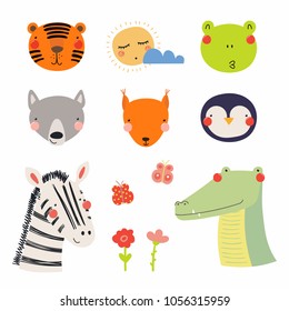 Set of cute funny hand drawn different animal faces, sun, cloud, flowers, butterflies. Isolated objects. Vector illustration. Scandinavian style flat design. Concept for children print.