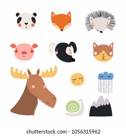 Set of cute funny hand drawn different animal faces, sun, cloud with rain, mountain, snail. Isolated objects. Vector illustration. Scandinavian style flat design. Concept for children print.