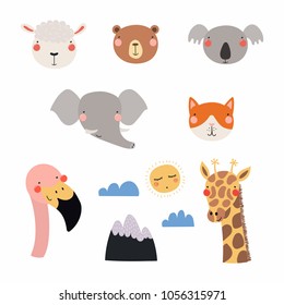 Set of cute funny hand drawn different animal faces, sun, clouds, mountain, snail. Isolated objects. Vector illustration. Scandinavian style flat design. Concept for children print.