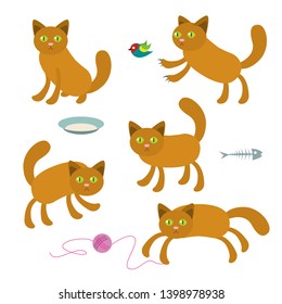Set of cute funny happy cartoon cat hunting, sitting and playing