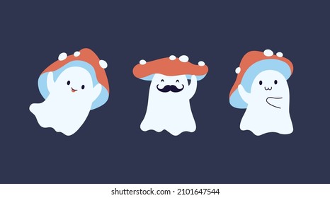 A set of cute funny happy flies. Mushrooms with different emotions and facial expressions. Isolated flat vector illustrations