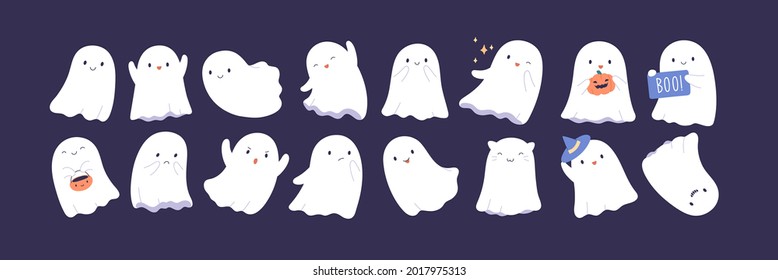 Set of cute funny happy ghosts. Childish spooky boo characters for kids. Magic scary spirits with different emotions and face expressions. Isolated flat cartoon vector illustrations of comic phantoms - Shutterstock ID 2017975313