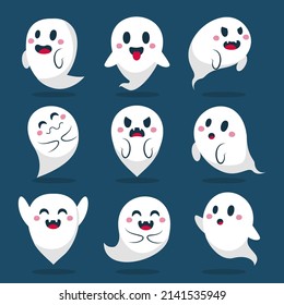 Set of cute funny happy ghosts. Childish spooky boo characters for kids. Magic scary spirits with different emotions and face expressions. Vector illustration.