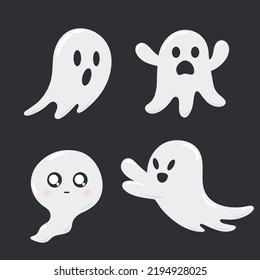 Un juego de lindos y graciosos fantasmas. Personajes de boo espeluznantes para niños. Espíritus mágicos aterradores con diferentes emociones y expresiones faciales. Isolación de ilustraciones vectoriales planas de fantasmas cómicos