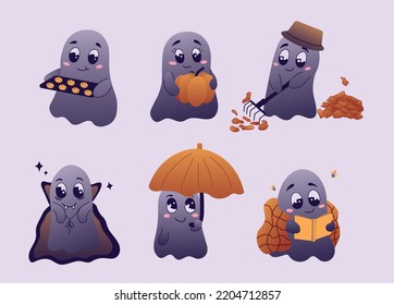 Set of cute funny happy ghosts with different emotions. Magical scary spirits for Halloween. Children's illustrations for a spooky holiday. Isolated vector characters in flat cartoon style.