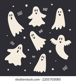 Set of cute funny happy ghosts. Childish spooky boo characters for kids. Magic scary spirits with different emotions and face expressions. Isolated flat cartoon vector illustrations of comic phantoms