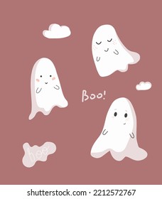 Set of cute funny happy ghosts. Baby creepy boo characters for kids. Magic scary spirits. simple flat cartoon ghosts
