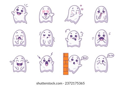  Set of cute funny happy ghosts. Childish spooky boo characters for kids. Magic scary spirits with different emotions and face expressions. Isolated flat cartoon vector illustrations of comic phantoms