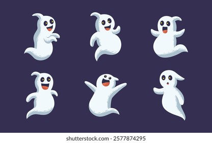 Set of cute funny happy ghosts. Childish spooky boo characters for kids. Magic scary spirits with different emotions and face expressions. Isolated flat cartoon vector illustrations of comic phantoms