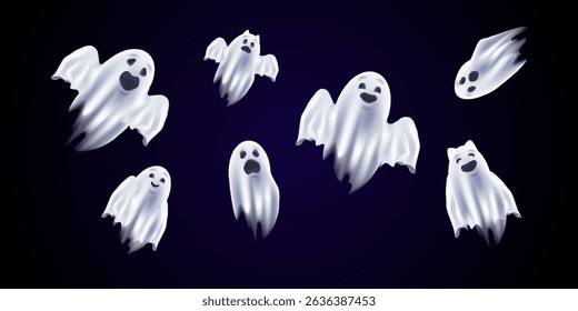 Set of cute funny happy ghosts. Childish spooky boo characters for kids. Magic scary spirits with different emotions and face expressions. Isolated flat cartoon vector illustrations of comic phantoms