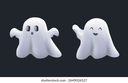 Um conjunto de fantasmas engraçados e felizes. Personagens infantis assustadores para crianças. Espíritos mágicos assustadores com diferentes emoções e expressões faciais. Ilustrações isoladas do vetor de desenho animado em 3D de fantasmas