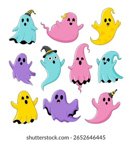 Um conjunto de fantasmas engraçados e felizes. Personagens infantis coloridos assustadores para crianças. Espíritos mágicos assustadores com diferentes emoções e cores. Ilustrações isoladas de vetor de desenhos animados planos de fantasmas cômicos